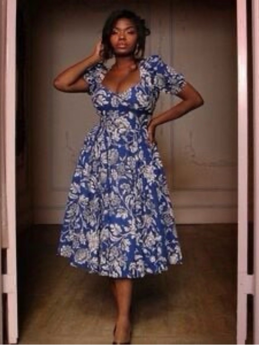Pinup Couture Blue and White Floral Midi Dress